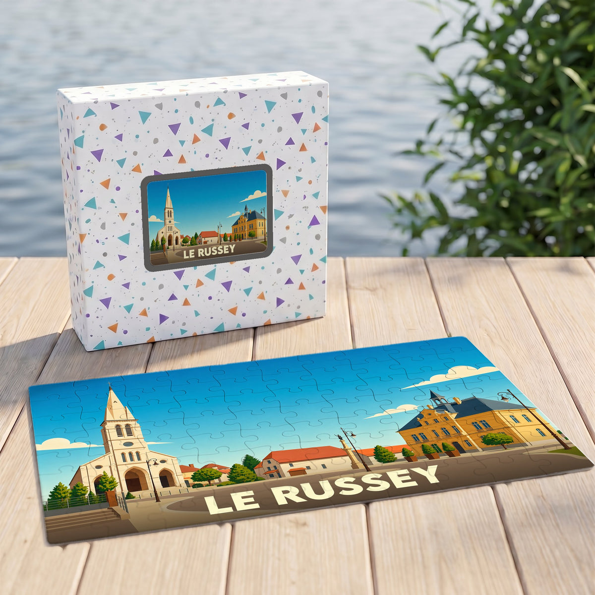 Puzzle souvenir de la ville de Le Russey avec une illustration stylisée et colorée.