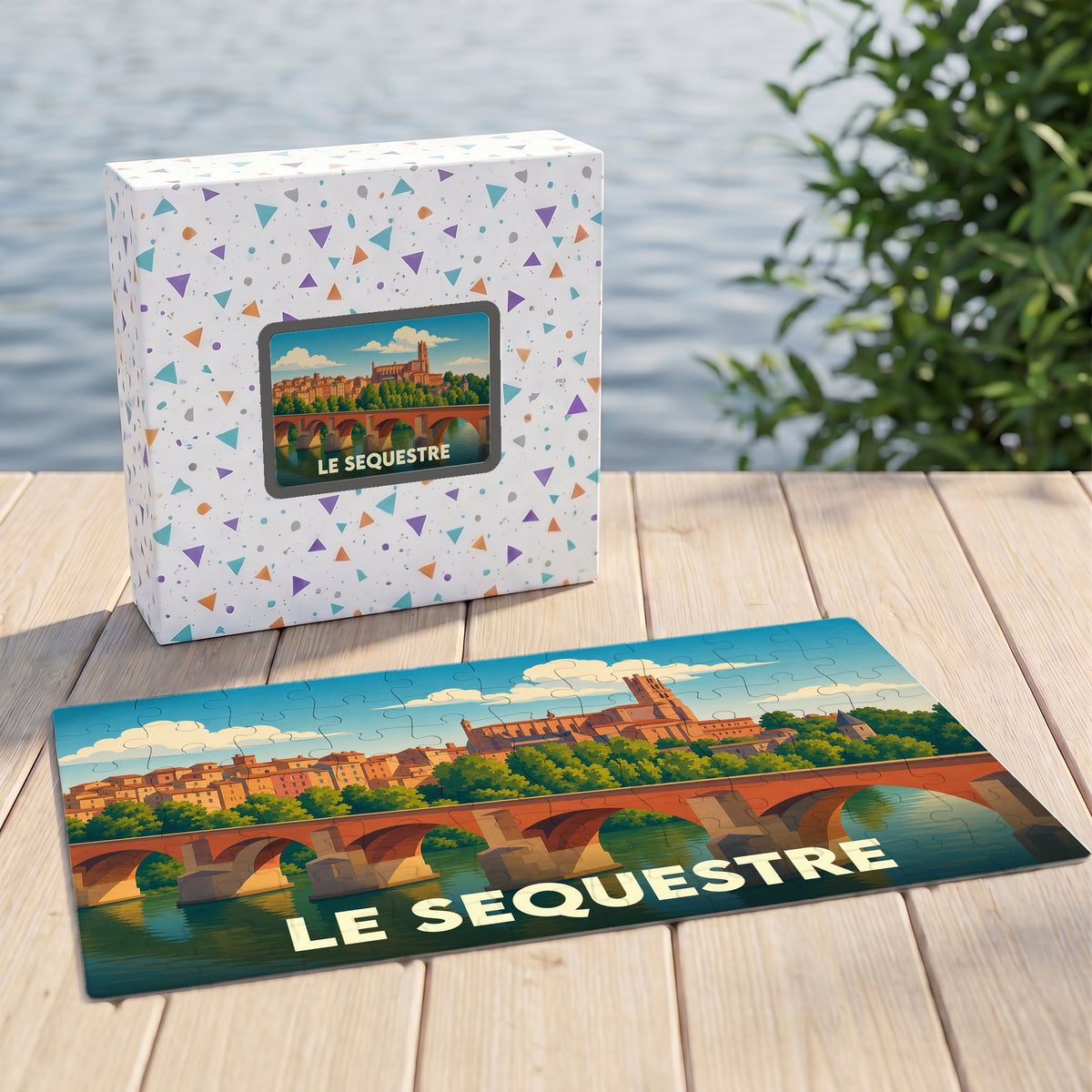 Puzzle souvenir de la ville de Le Sequestre représentant son pont et sa cathédrale avec une illustration stylisée.