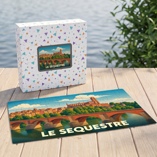 Puzzle souvenir de la ville de Le Sequestre représentant son pont et sa cathédrale avec une illustration stylisée.
