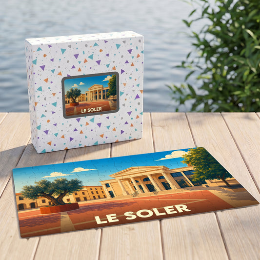 Puzzle souvenir de la ville de Le Soler avec une illustration stylisée de sa place principale.