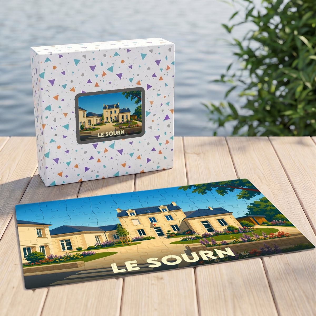 Puzzle souvenir de la ville de Le Sourn illustrant l'hôtel de ville dans un style graphique épuré.