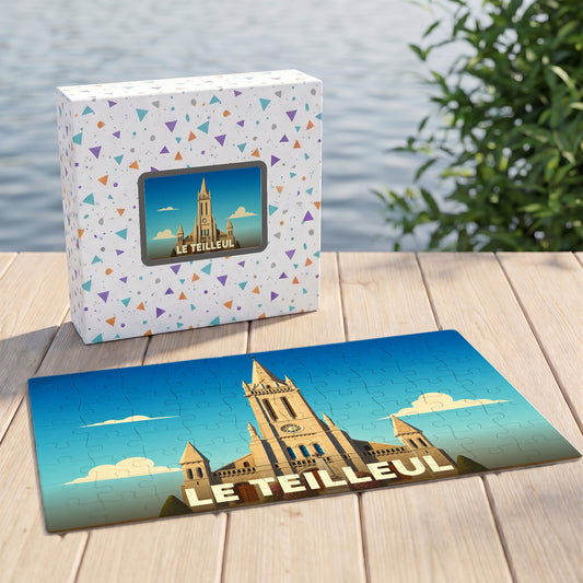 Puzzle souvenir de la ville de Le Teilleul représentant son église dans un style illustré.