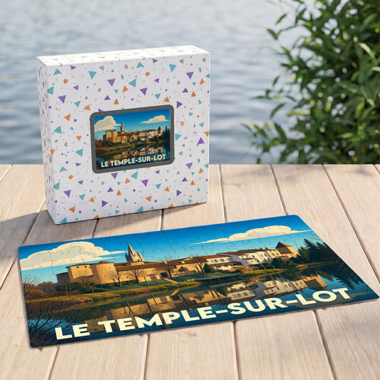 Puzzle souvenir de la ville de Le Temple-sur-Lot avec une illustration stylisée des bords du Lot.