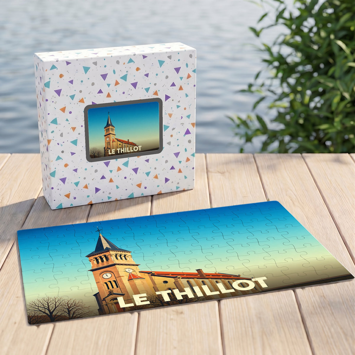 Puzzle souvenir de la ville du Thillot avec une illustration stylisée de son église.