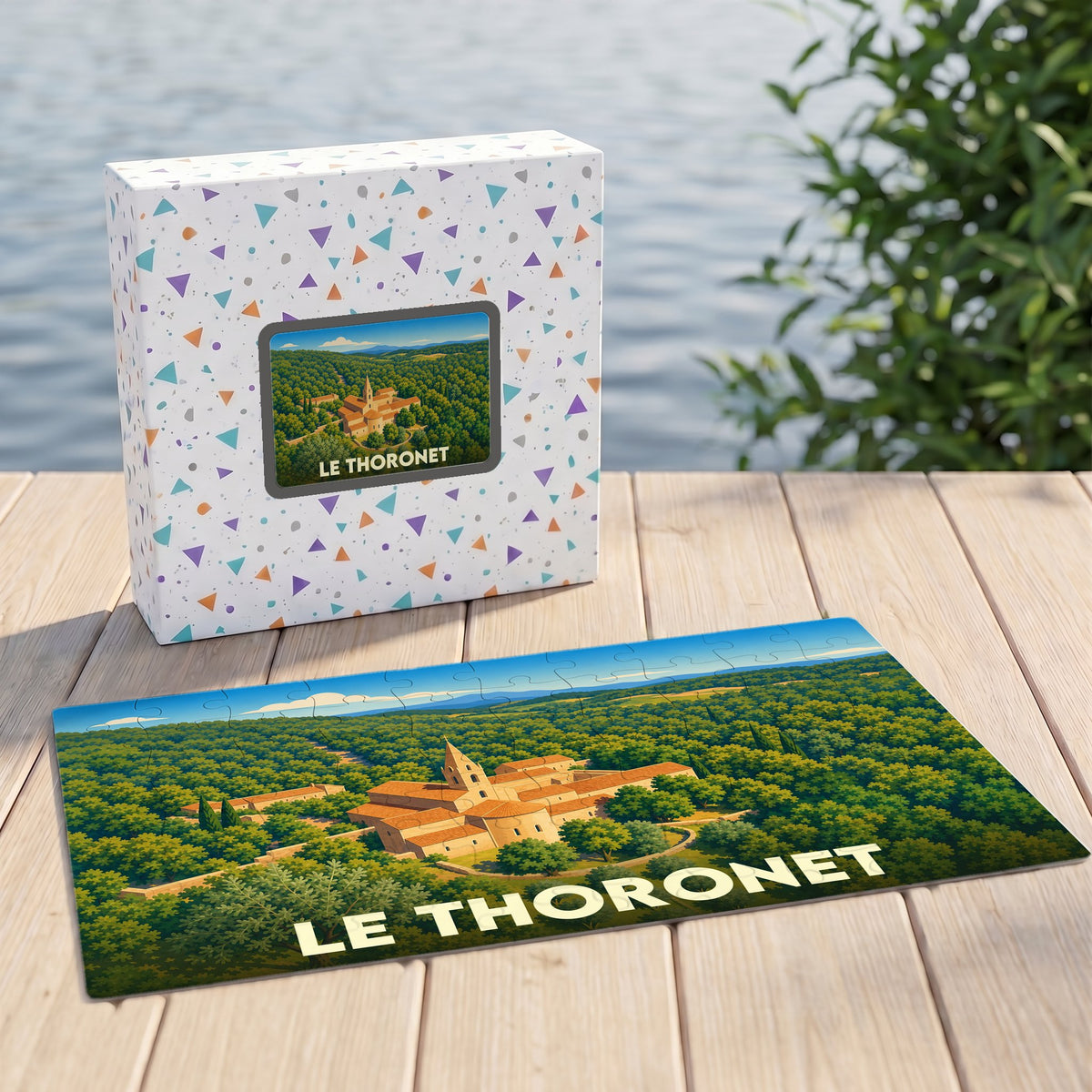 Puzzle souvenir de la ville de Le Thoronet avec une illustration stylisée de son abbaye nichée dans la forêt.
