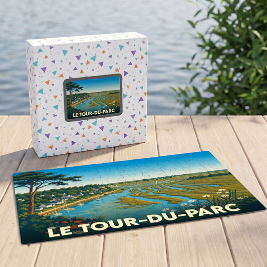 Puzzle souvenir de la ville de Le Tour-du-Parc avec une illustration de paysage côtier stylisée.