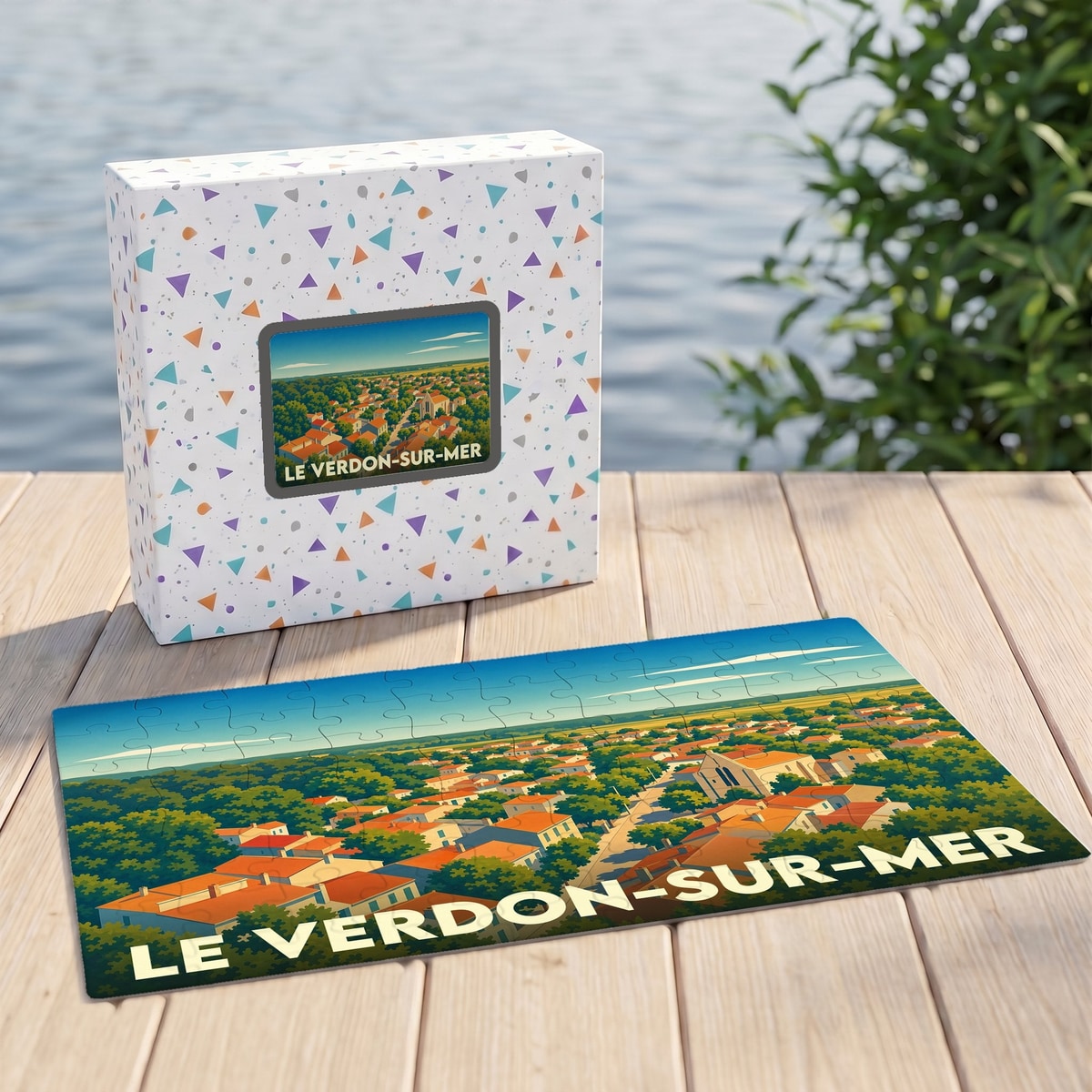 Puzzle souvenir de la ville de Le Verdon-sur-Mer avec une illustration stylisée et colorée.