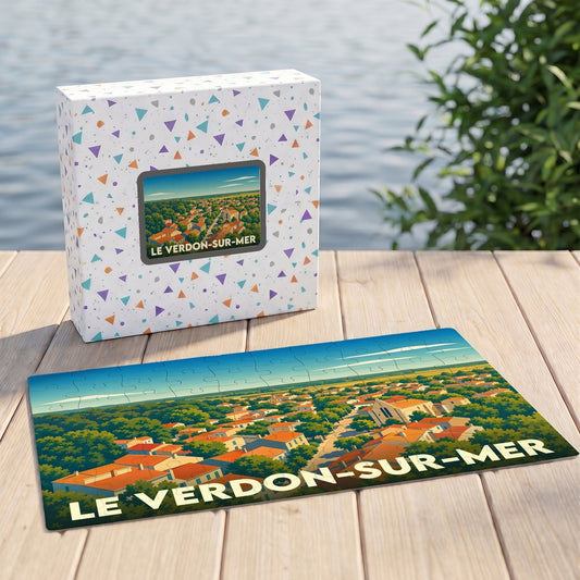 Puzzle souvenir de la ville de Le Verdon-sur-Mer avec une illustration stylisée et colorée.