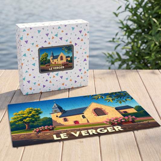 Puzzle souvenir de la ville de Le Verger avec une illustration colorée de son église et de son paysage.