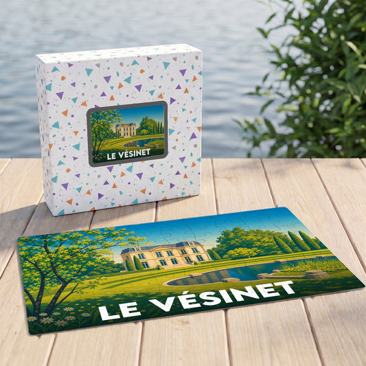 Puzzle souvenir de la ville de Le Vésinet avec une illustration stylisée d'une demeure et son parc.