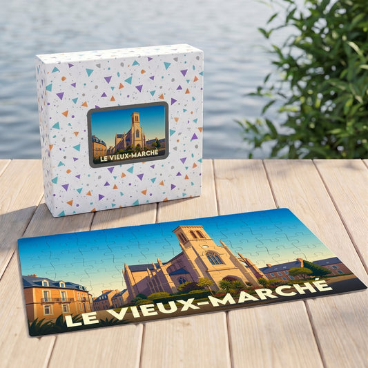 Puzzle souvenir de la ville de Le Vieux-Marché avec une illustration stylisée.