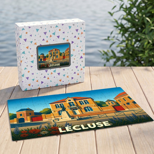 Puzzle souvenir de la ville de Lécluse avec une illustration stylisée de son patrimoine architectural.