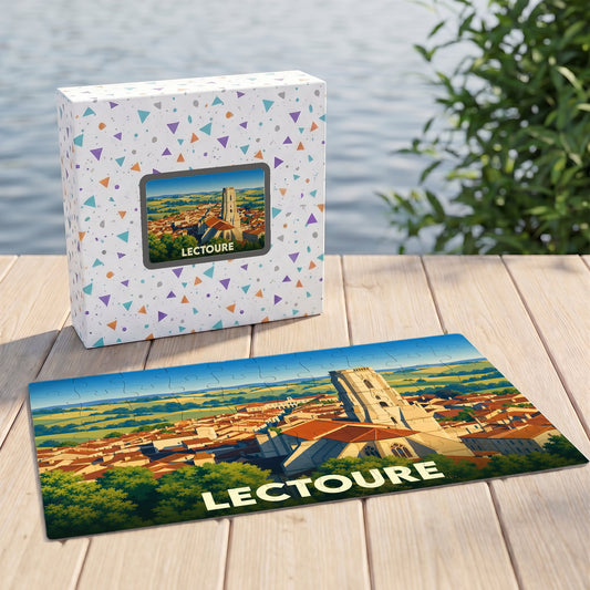 Puzzle souvenir de la ville de Lectoure représentant une vue panoramique illustrée avec son clocher emblématique.