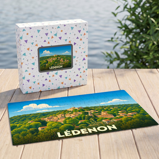 Puzzle souvenir de la ville de Lédenon avec une illustration paysagère colorée.