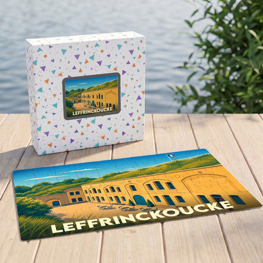 Puzzle souvenir de la ville de Leffrinckoucke avec une illustration stylisée de son fort historique.
