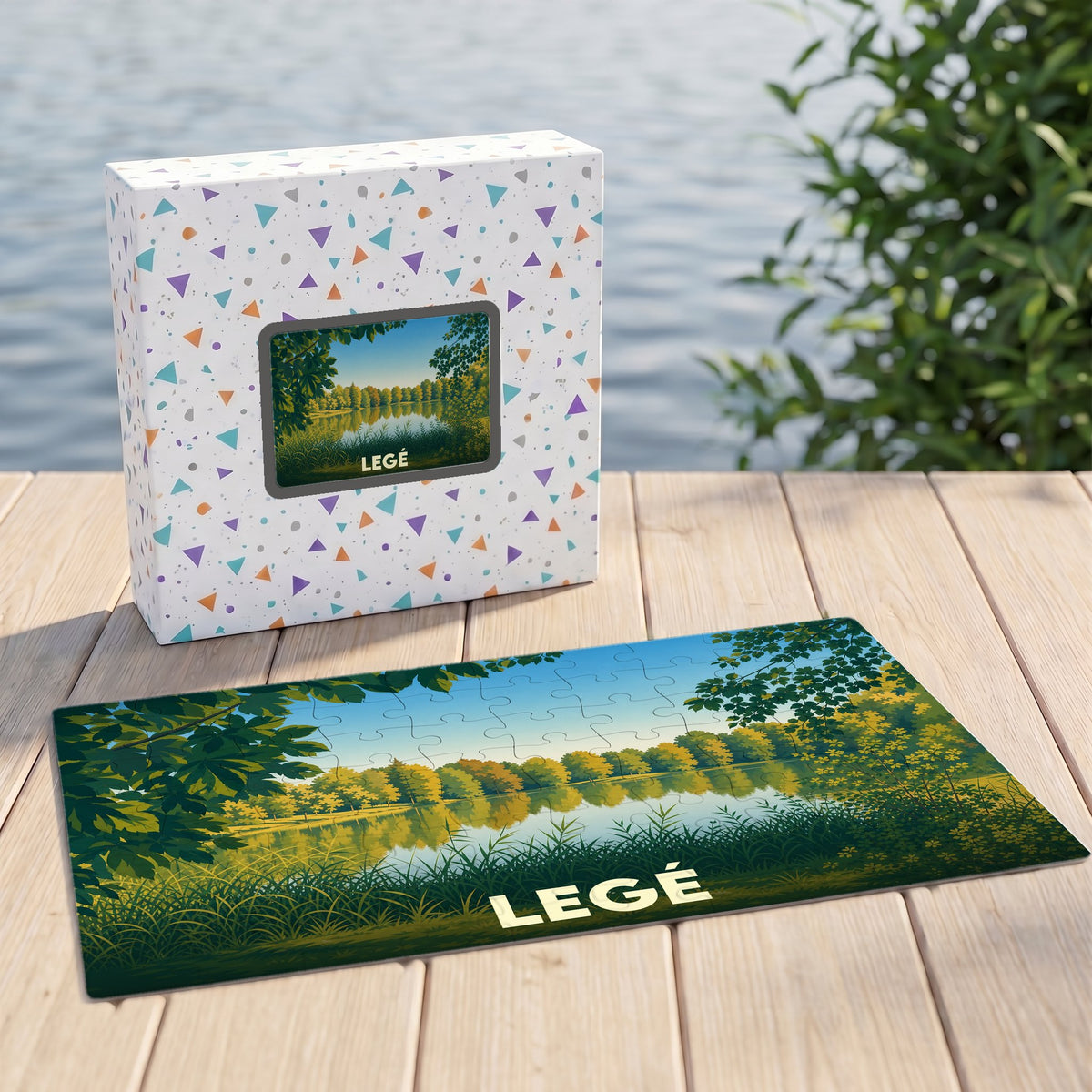 Puzzle souvenir de la ville de Legé illustrant un paysage de lac au milieu d'une forêt.
