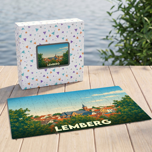 Puzzle souvenir de la ville de Lemberg avec une illustration stylisée et colorée.