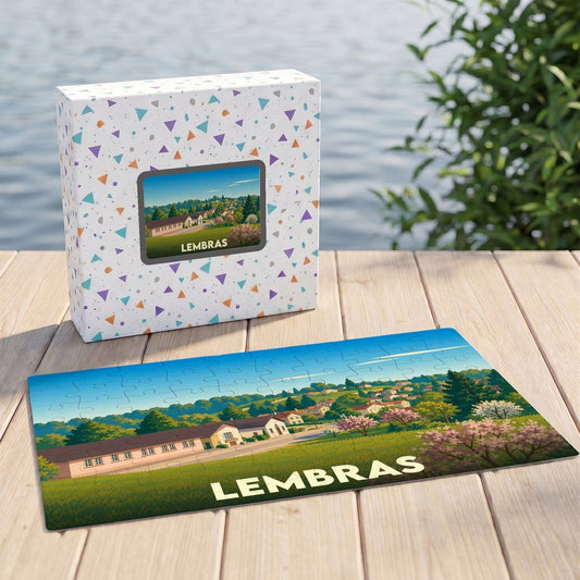 Puzzle souvenir de la ville de Lembras représentant un paysage champêtre illustré.