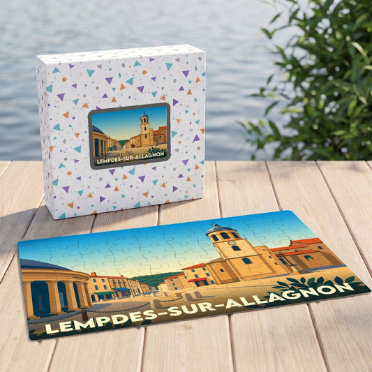 Puzzle souvenir de la ville de Lempdes-sur-Allagnon avec une illustration stylisée et colorée de son patrimoine.