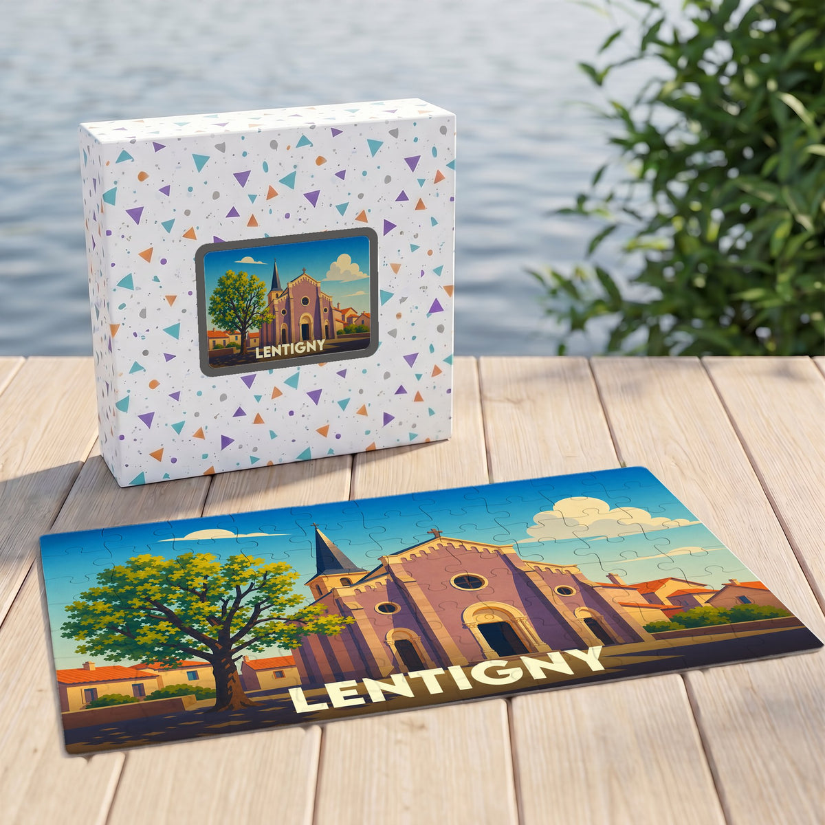 Puzzle souvenir de la ville de Lentigny avec une illustration stylisée de son église et de ses environs.