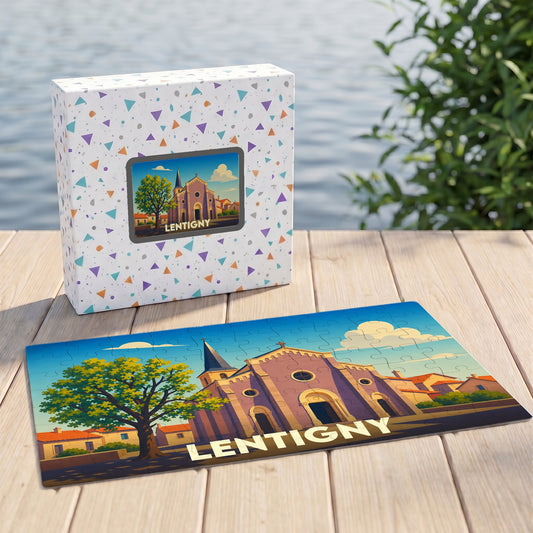 Puzzle souvenir de la ville de Lentigny avec une illustration stylisée de son église et de ses environs.