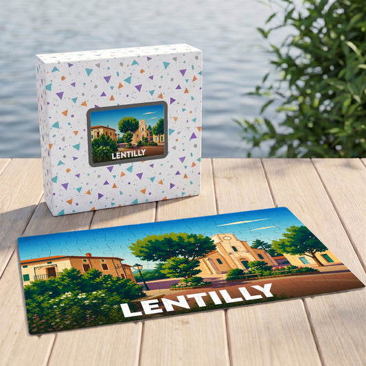 Puzzle souvenir de la ville de Lentilly avec une illustration stylisée et colorée.