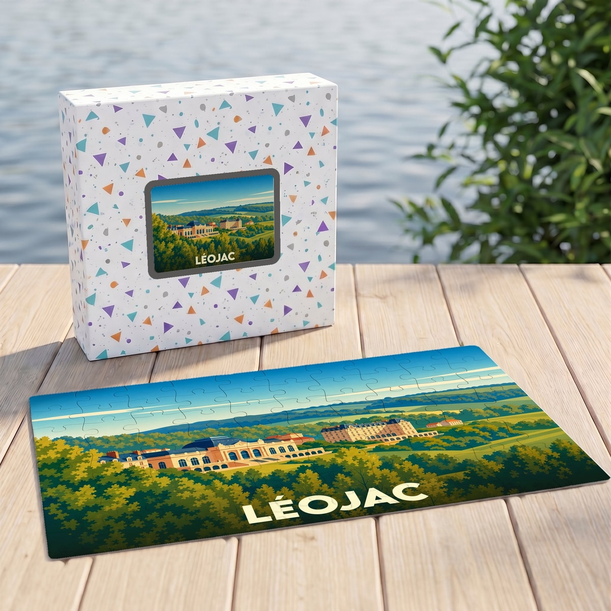 Puzzle souvenir de la ville de Léojac avec une illustration stylisée de son paysage.