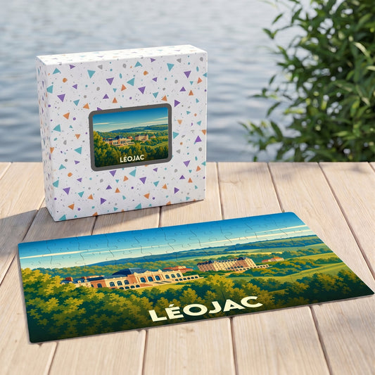Puzzle souvenir de la ville de Léojac avec une illustration stylisée de son paysage.