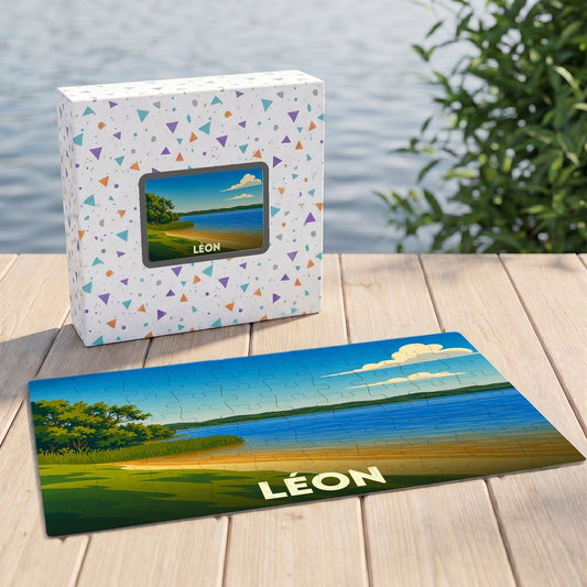 Puzzle souvenir de la ville de Léon illustrant un paysage de lac sous un ciel azur.