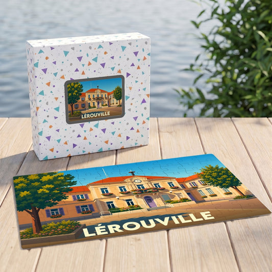 Puzzle souvenir de la ville de Lérouville avec une illustration stylisée d'un bâtiment municipal.