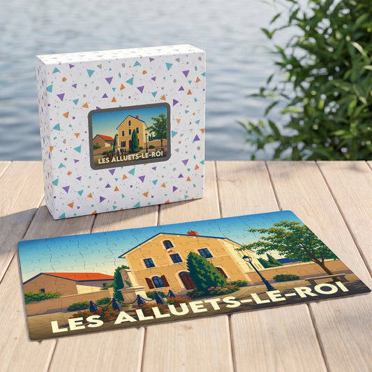Puzzle souvenir de la ville de Les Alluets-le-Roi avec une illustration stylisée de sa mairie.