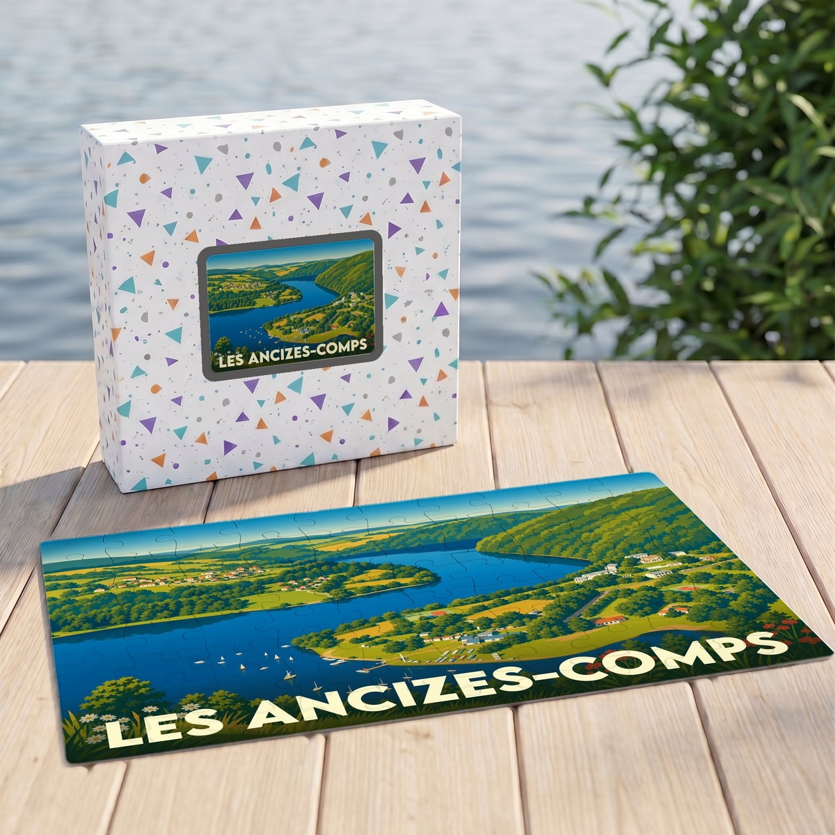 Puzzle souvenir de la ville de Les Ancizes-Comps avec une illustration stylisée de son paysage verdoyant et de son lac.