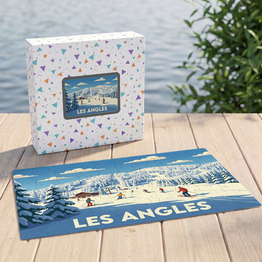 Puzzle souvenir de la station des Angles avec une illustration hivernale stylisée.