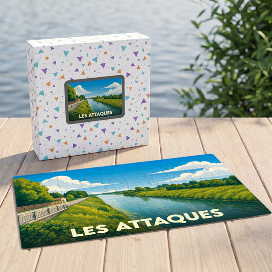 Puzzle souvenir de la ville de Les Attaques avec une illustration stylisée d'un canal.