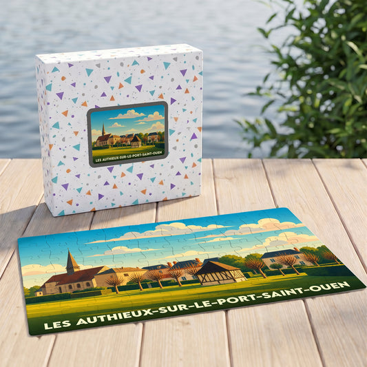 Puzzle souvenir de la ville de Les Authieux-sur-le-Port-Saint-Ouen avec une illustration stylisée d'un paysage normand.