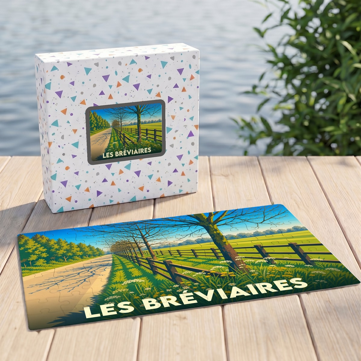 Puzzle souvenir de la ville de Les Bréviaires avec une illustration stylisée de paysage champêtre.