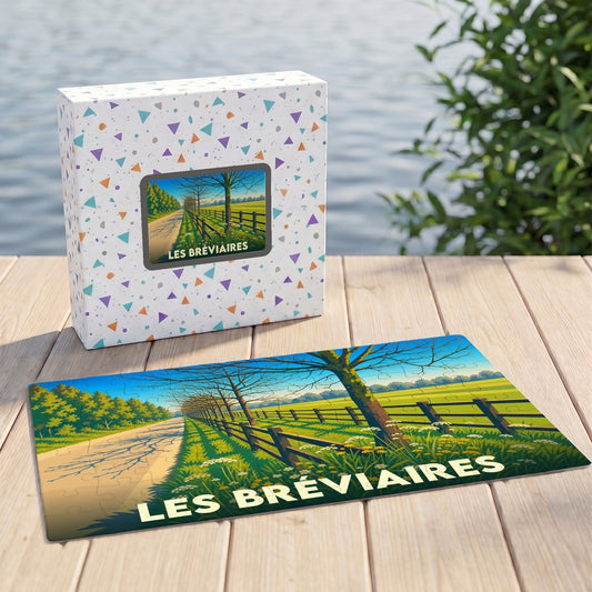 Puzzle souvenir de la ville de Les Bréviaires avec une illustration stylisée de paysage champêtre.