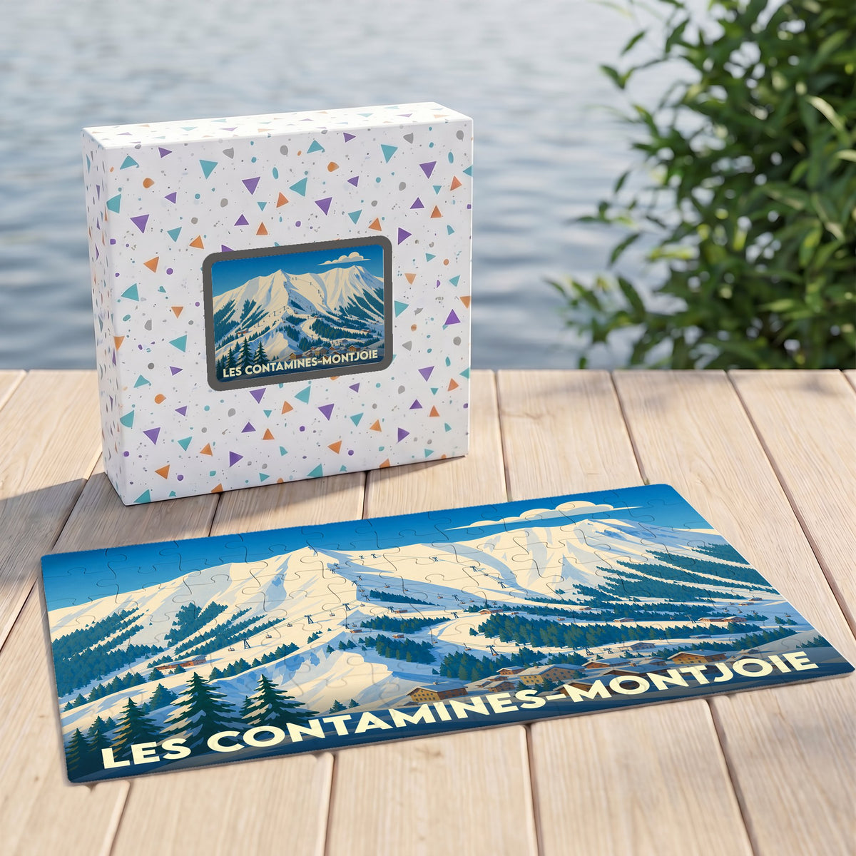 Puzzle souvenir de la ville des Contamines-Montjoie avec une illustration stylisée de station de ski.
