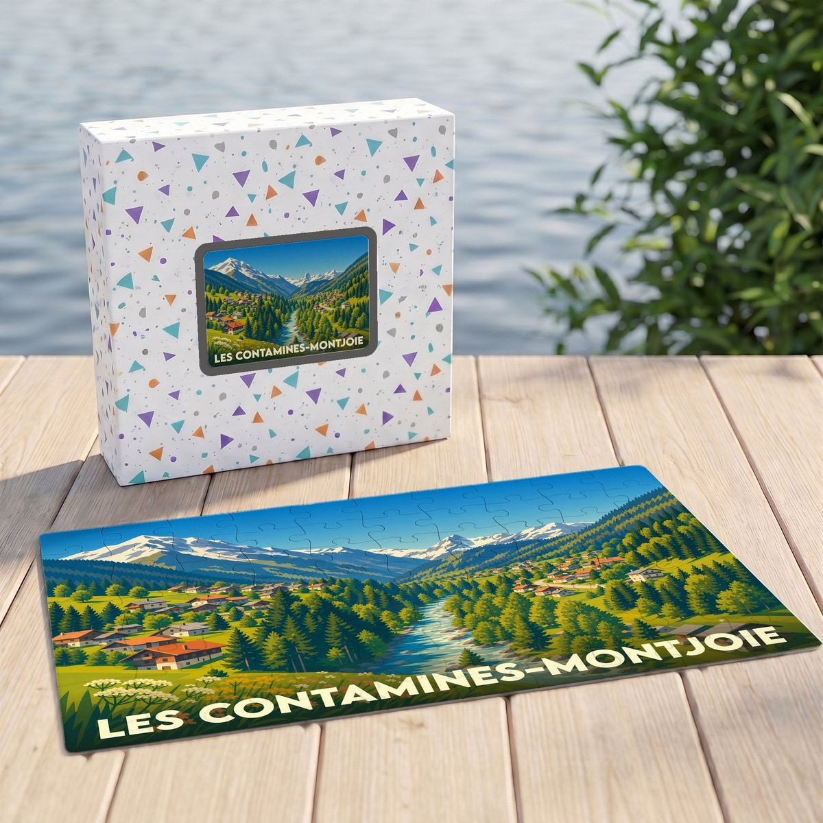 Puzzle souvenir de la ville de Les Contamines-Montjoie avec une illustration de paysage de montagne.