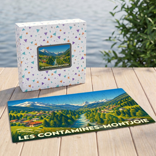 Puzzle souvenir de la ville de Les Contamines-Montjoie avec une illustration de paysage de montagne.