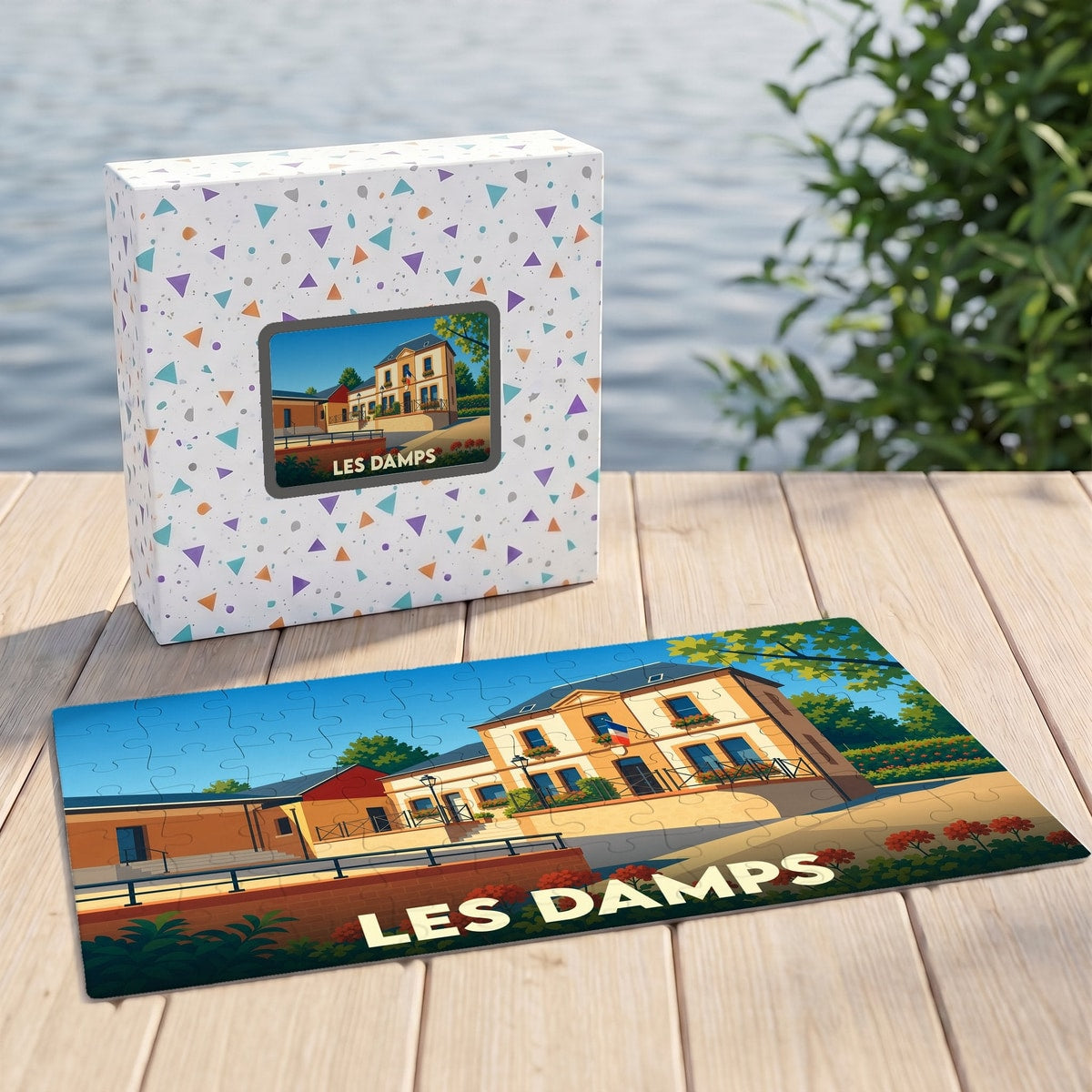 Puzzle souvenir de la ville de Les Damps avec une illustration stylisée d'un bâtiment communal.