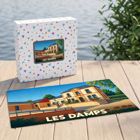 Puzzle souvenir de la ville de Les Damps avec une illustration stylisée d'un bâtiment communal.