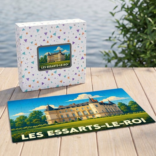 Puzzle souvenir de la ville de Les Essarts-le-Roi avec une illustration stylisée d'un château.
