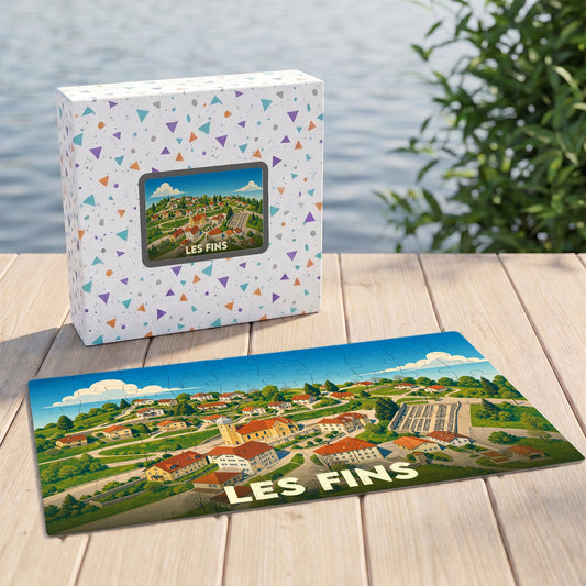 Puzzle souvenir de la ville de Les Fins avec une illustration stylisée d'un paysage urbain verdoyant.