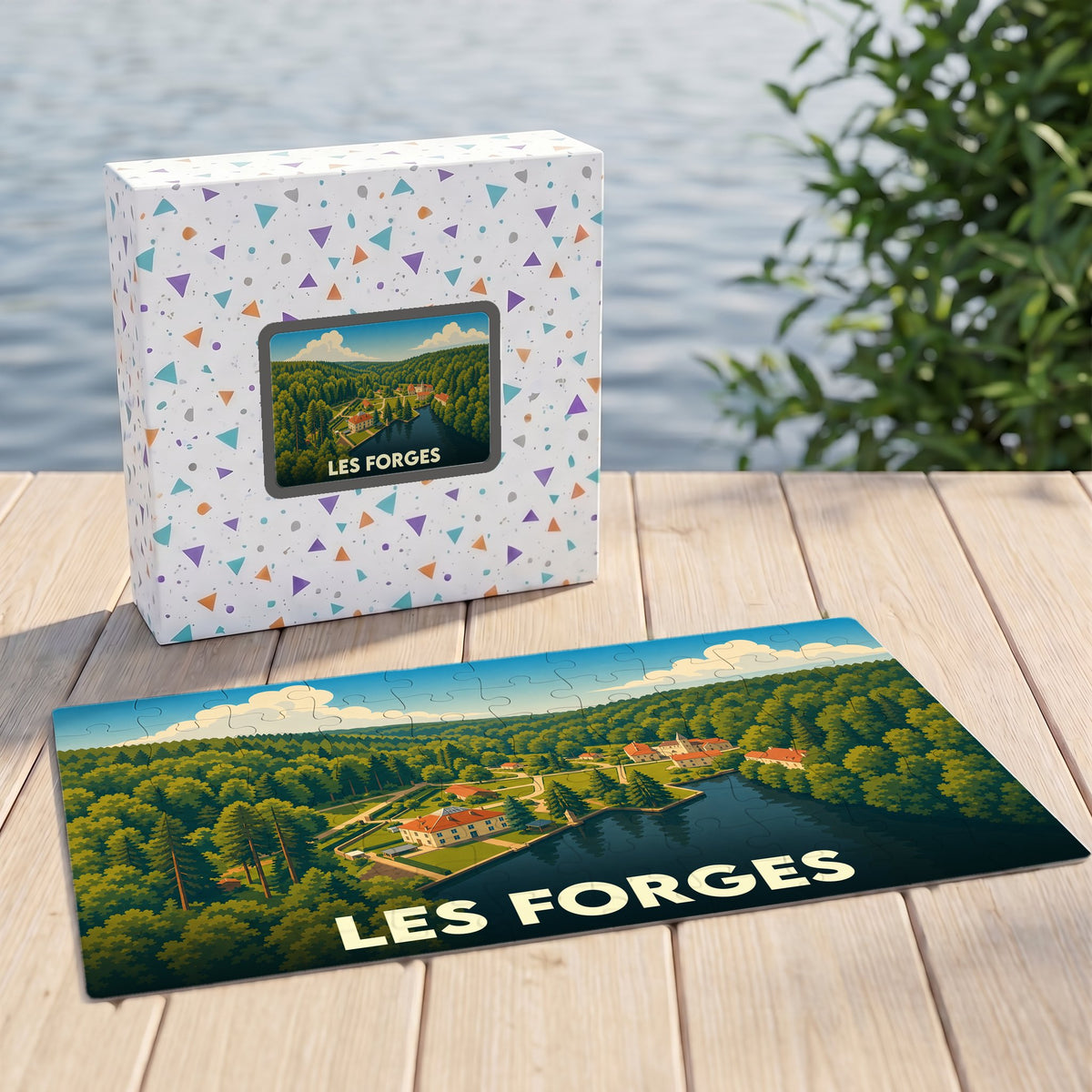 Puzzle souvenir de la ville de Les Forges avec une illustration stylisée de paysages boisés et d'un lac.