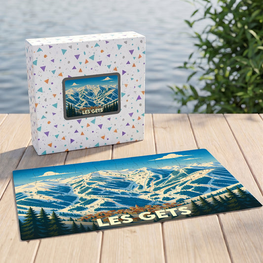 Puzzle souvenir de la station des Gets avec une illustration de montagne enneigée.