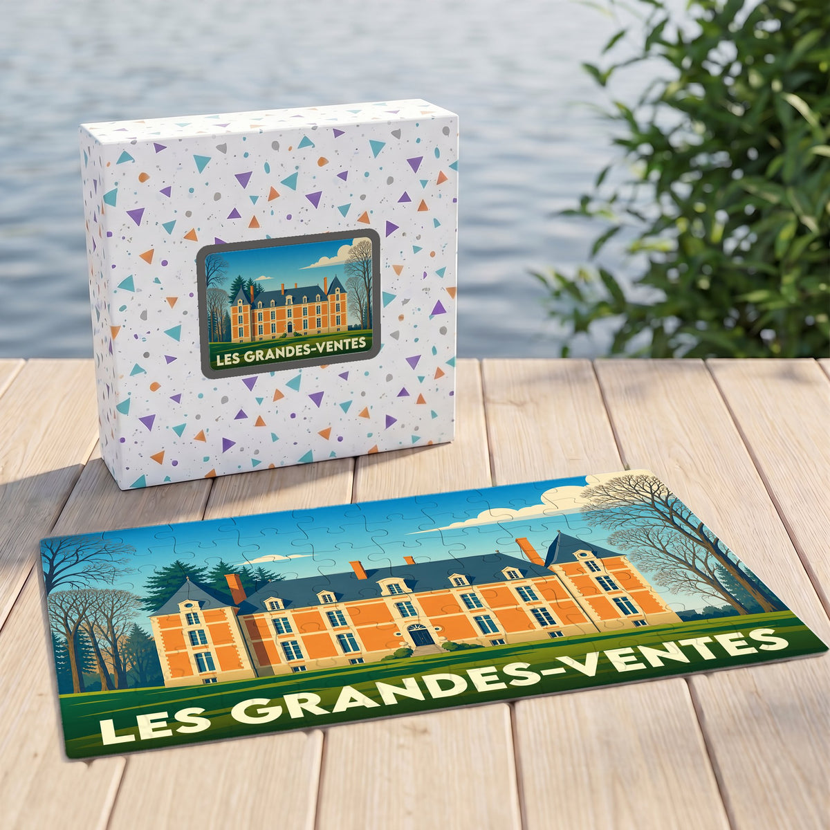 Puzzle souvenir de la ville de Les Grandes-Ventes illustrant son château dans un style rétro.