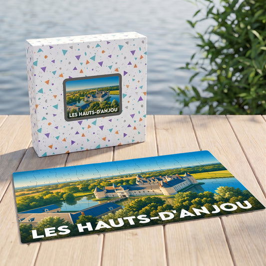 Puzzle souvenir de la commune de Les Hauts-d'Anjou illustrant son château et ses paysages.