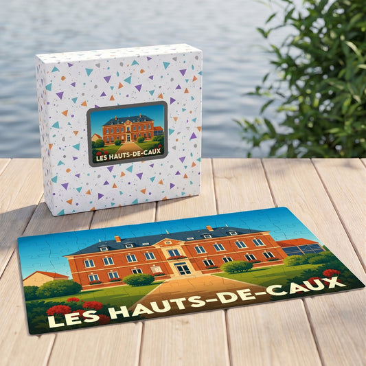 Puzzle souvenir de la commune de Les Hauts-de-Caux représentant une grande demeure illustrée.