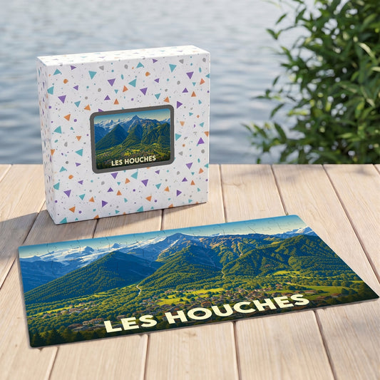 Puzzle souvenir de la ville de Les Houches avec une illustration panoramique des montagnes environnantes.